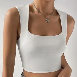 White Square Neck Cropped Tank Top, Size Small